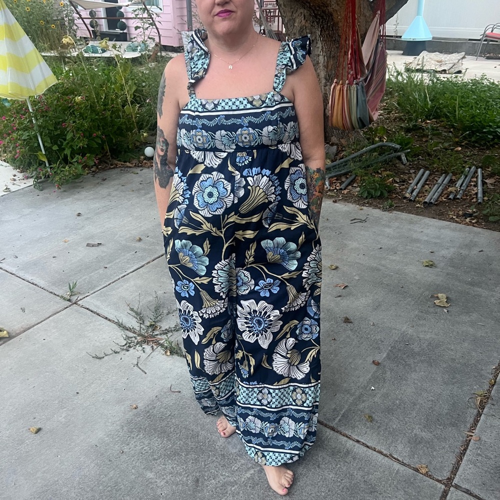 Free People Floral Jumpsuit with Ruffle Straps